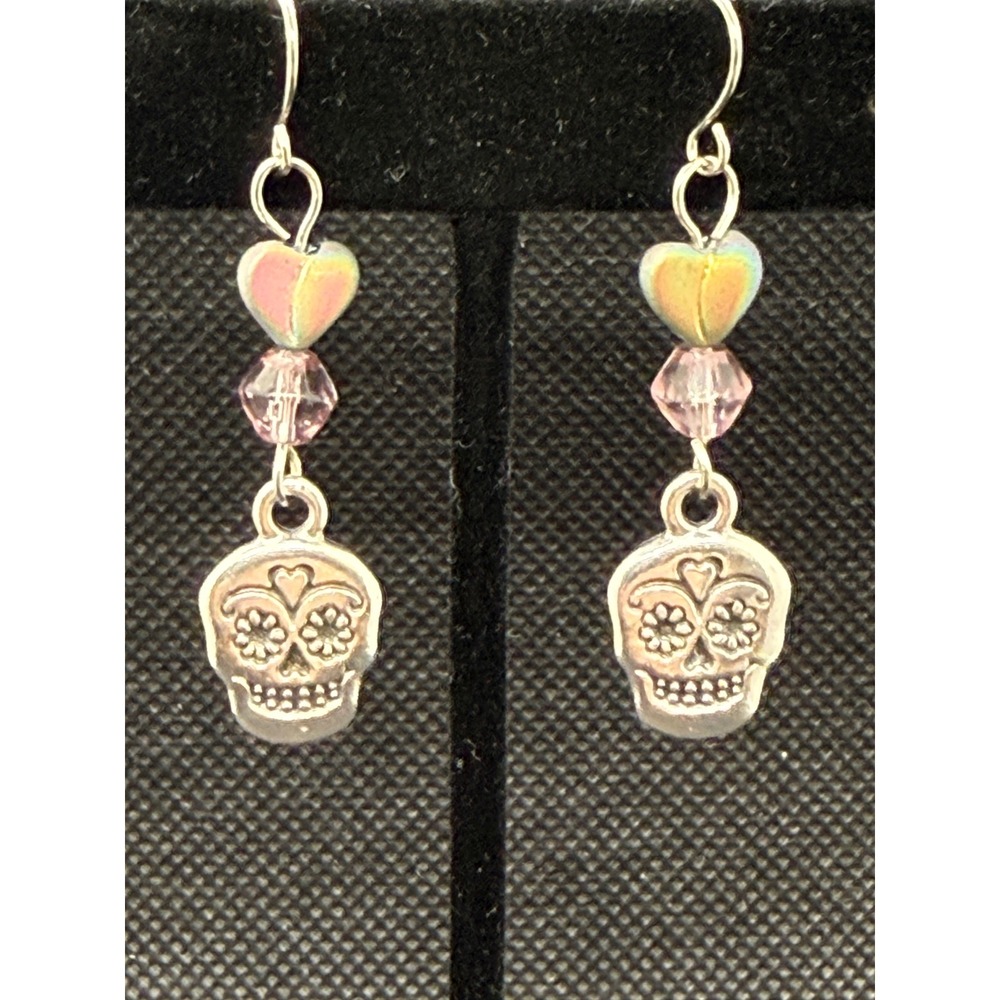 Sugar Skull Heart Drop Earrings Silver Tone Pink Czech Glass Day of the Dead